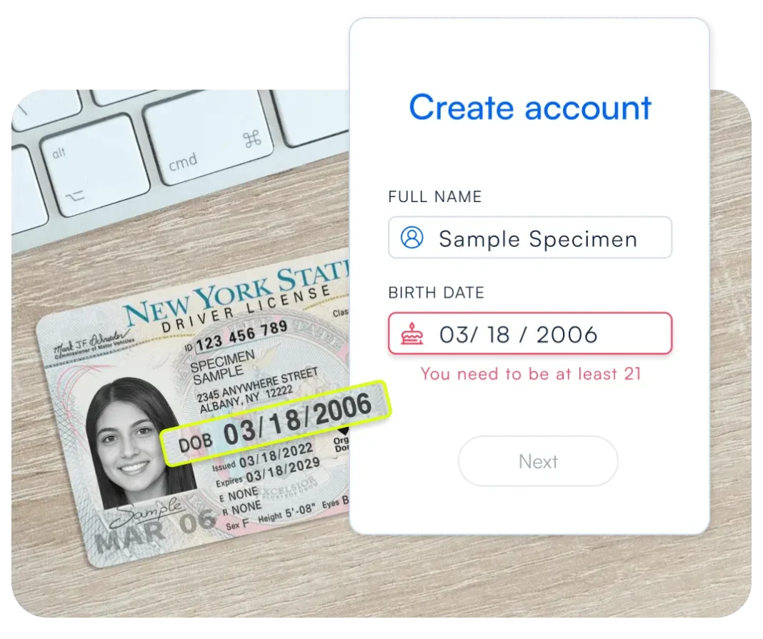 Scanned ID card with the entered data displayed in the app interface, showing an error message indicating the user is under 21 years old.