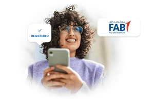 First Abu Dhabi Bank-FAB logo in the image, with a satisfied user interacting with Microblink products, showcasing a seamless experience.