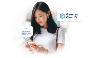 Genetec ClearID logo in the image, with a satisfied user interacting with Microblink products, showcasing a seamless experience.