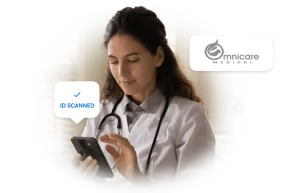 Omnicare medica logo in the image, with a satisfied user interacting with Microblink products, showcasing a seamless experience.