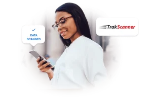Trak Scanner logo in the image, with a satisfied user interacting with Microblink products, showcasing a seamless experience.