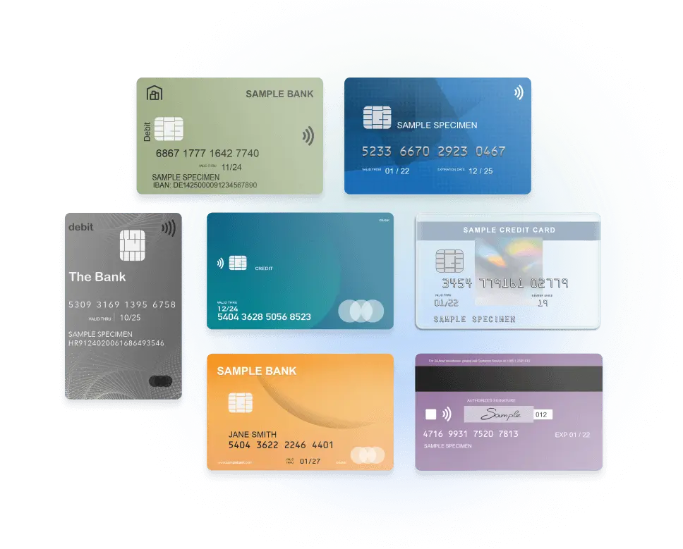Variety of credit cards, including embossed, vertical, and engraved designs.