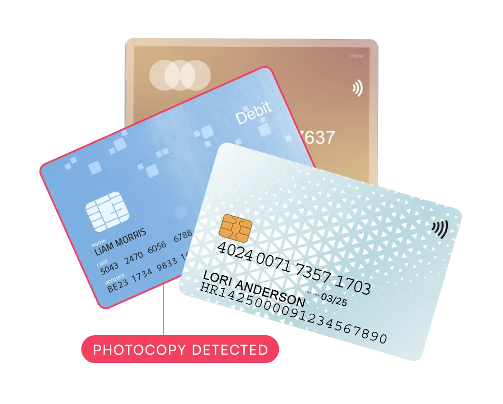 Illustrations of three credit cards, with one being detected as a photocopy.