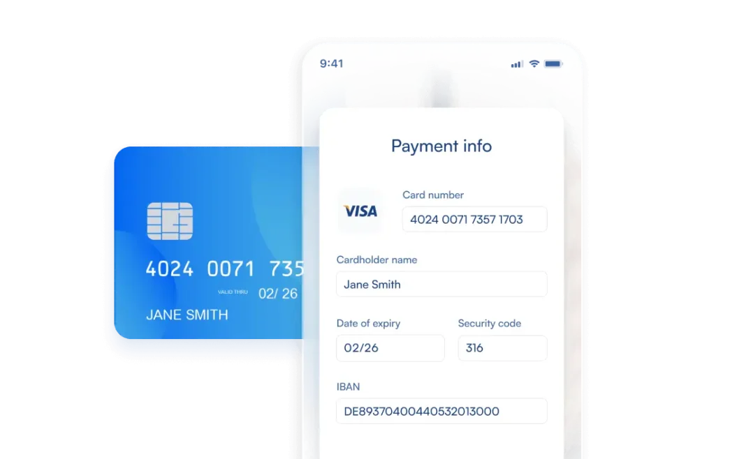 Entered credit card data displayed in the app interface, showcasing seamless and secure data entry for processing.