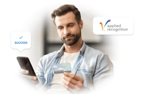 Applied Recognition logo in the image, with a satisfied user interacting with Microblink products, showcasing a seamless experience. Transparent background.