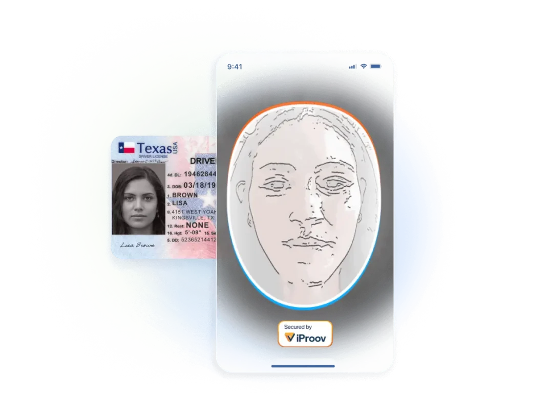 iProove dynamic liveness biometrics interface on a transparent background, scanning a person in the background with an 'Example ID' card displayed.