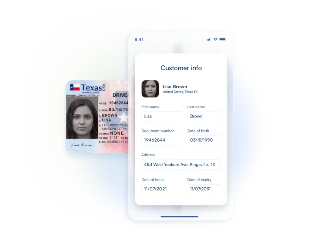 Personal document in the background, with the app interface in focus displaying the user's details pulled from the ID card .