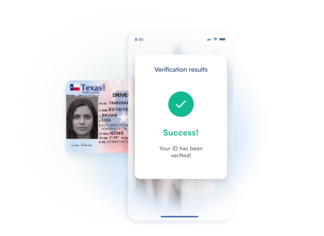 Personal document in the background, with the app interface in focus displaying the message 'Success! Your ID has been Verified.'