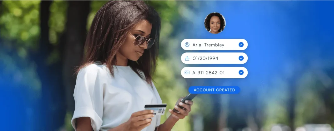 App interface displaying a successful account creation message, with a user casually strolling through the city in the background.