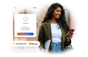 Message confirming successful verification in the app interface, with the iProove and Microblink logos below, and a happy user strolling through the city in the background.