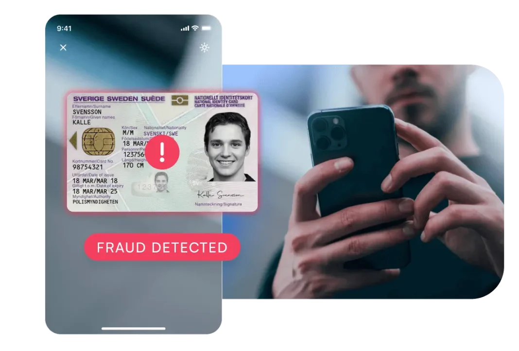 ID card in focus with the message 'Fraud Detected,' and a blurred image of a user looking at their phone in the background.