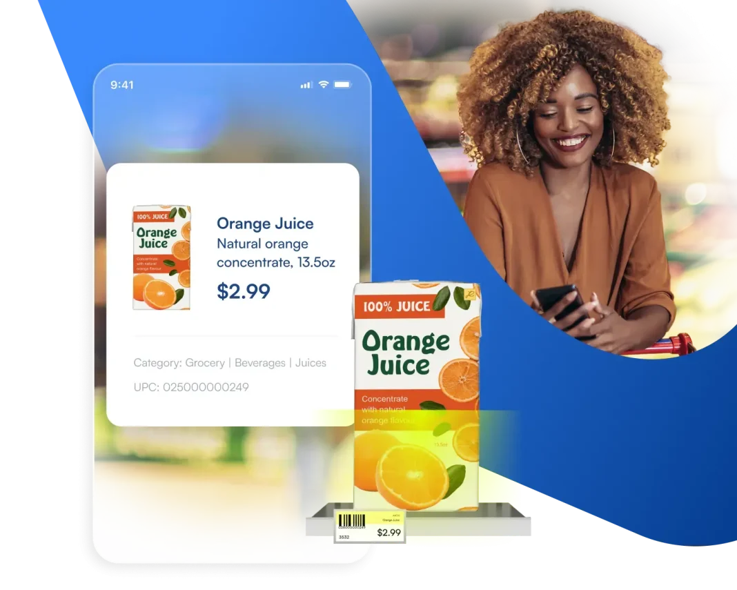Screenshot of the application displaying entered data from a scanned product, with a satisfied user in the background.