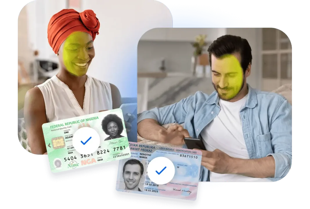 Two users have scanned their documents and faces, with the app displaying a confirmation of successful verification for both