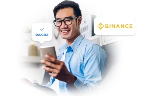 Binance logo with an image of a satisfied user.