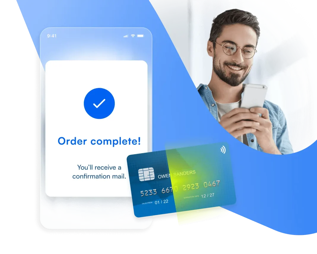 Order complete message on the BlinkCard app, with a satisfied client and the scanned card in the background