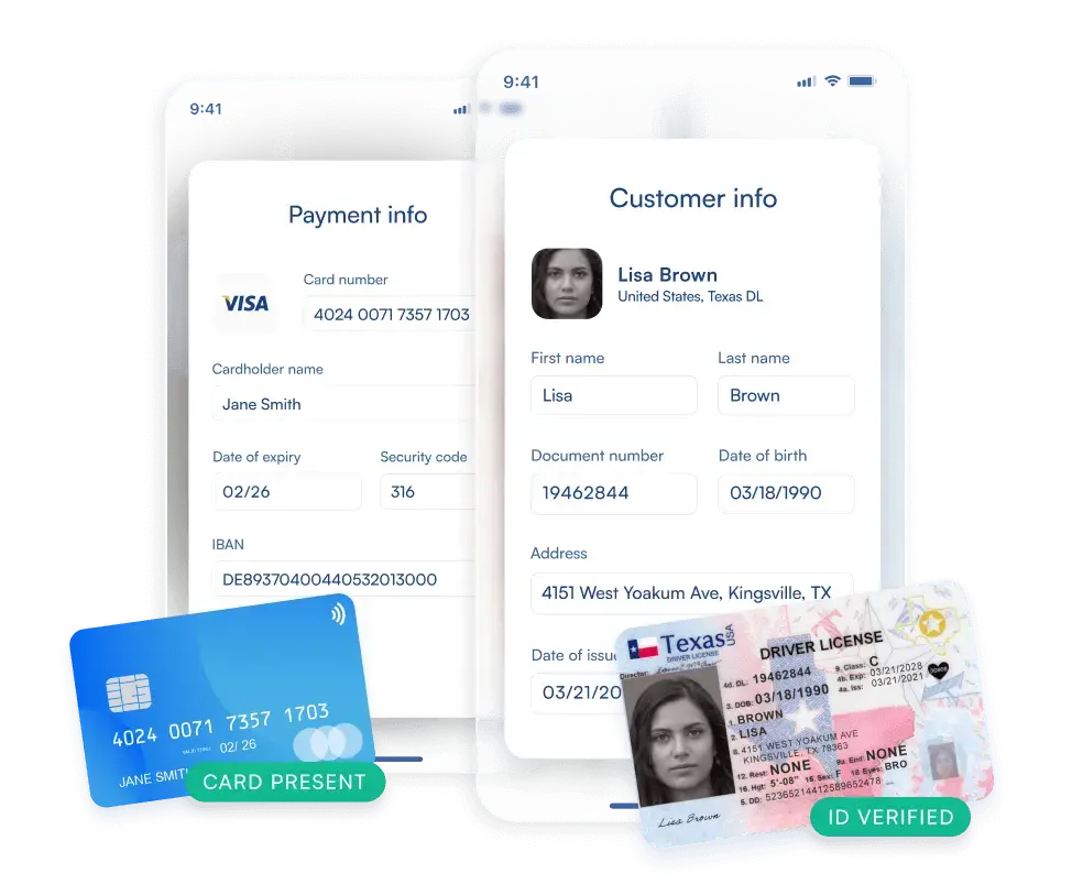Screenshot from the app showing successful payment and customer information.