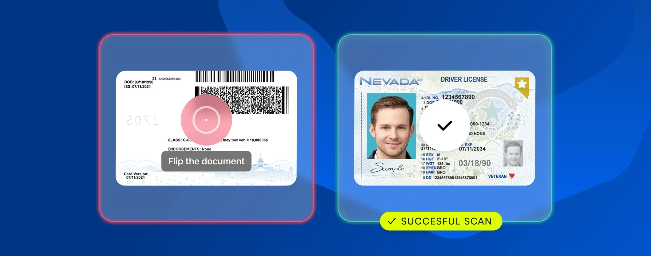 Two documents shown being scanned in the BlinkID app, one prompting to turn the document and the other indicating a successful scan.