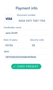 Image showing credit card details entered into the application with an success message 'Card Present' displayed.