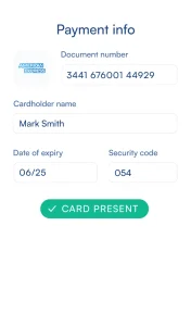 Image showing credit card details entered into the application with an success message 'Card Present' displayed.
