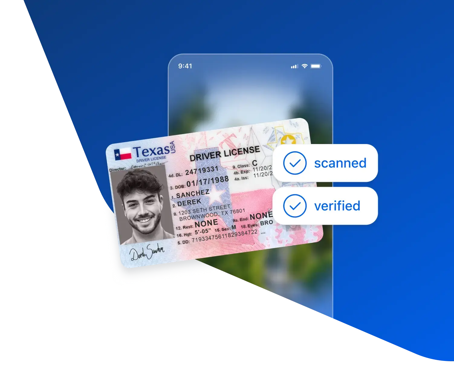 Scanned and verified driver's license displayed as part of document verification process.