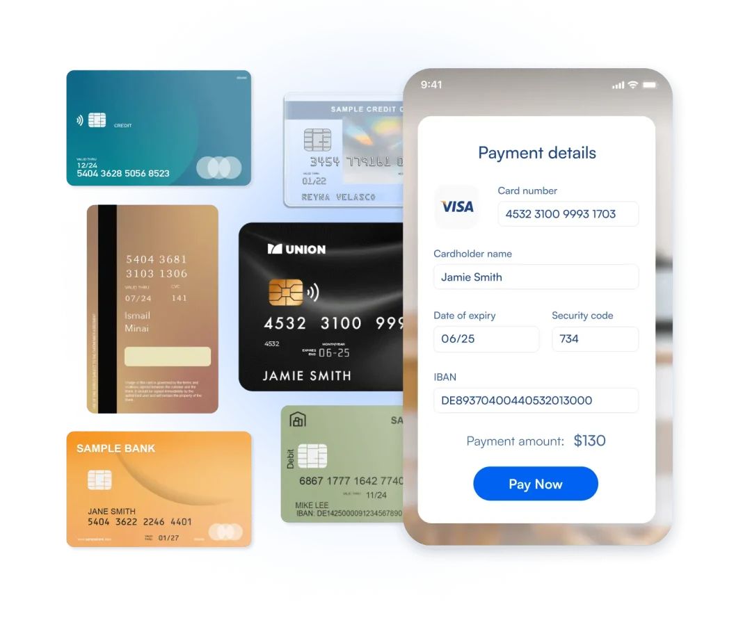 Image showing various types of credit cards with random data entered in the payment details section.