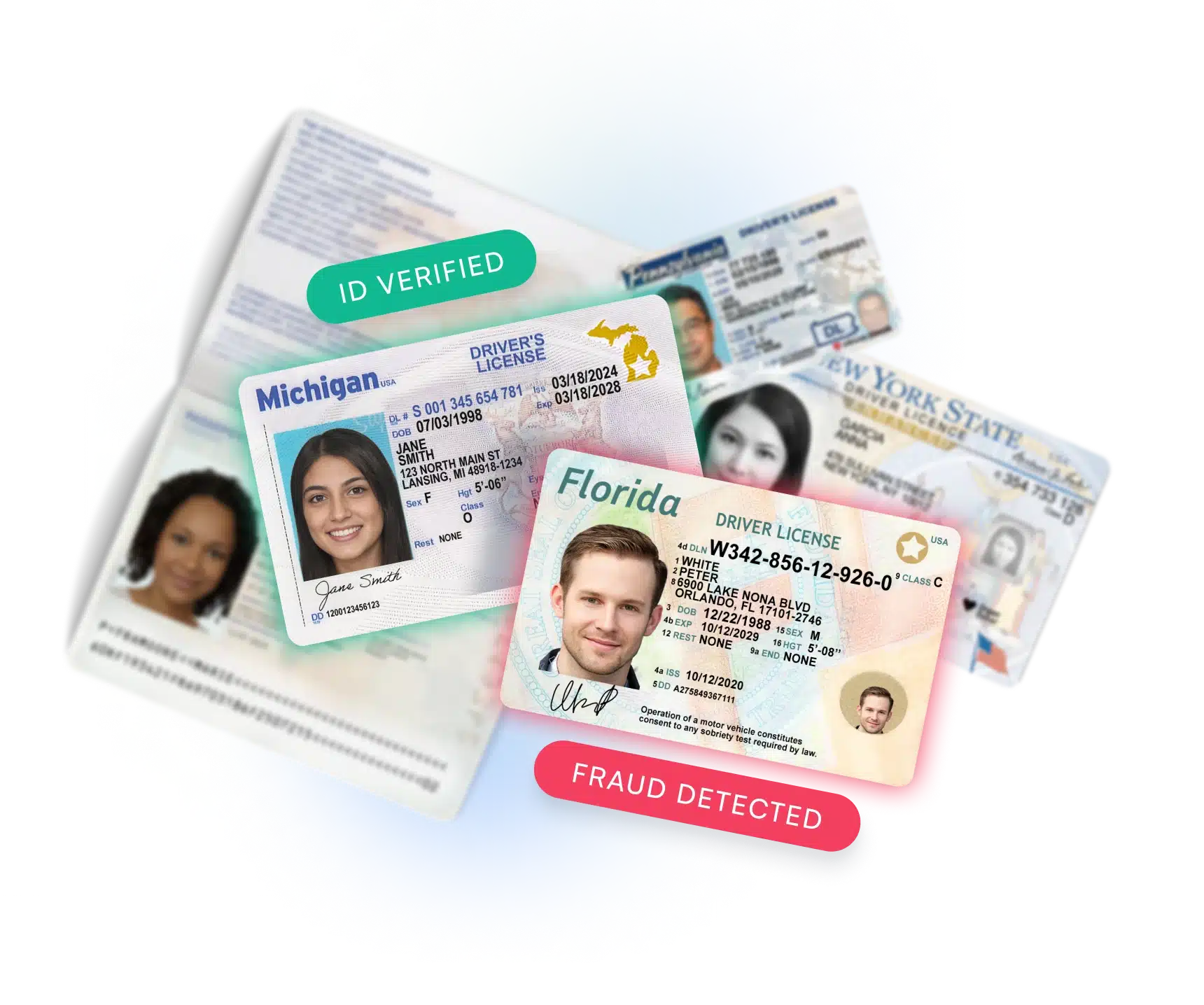 Image showing multiple documents, with one verified and the other flagged as fraud detected, demonstrating real-time fraud prevention with BlinkID.