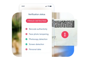 Screenshot showing the verification status with 'Fraud Detected' notification in the BlinkID app.