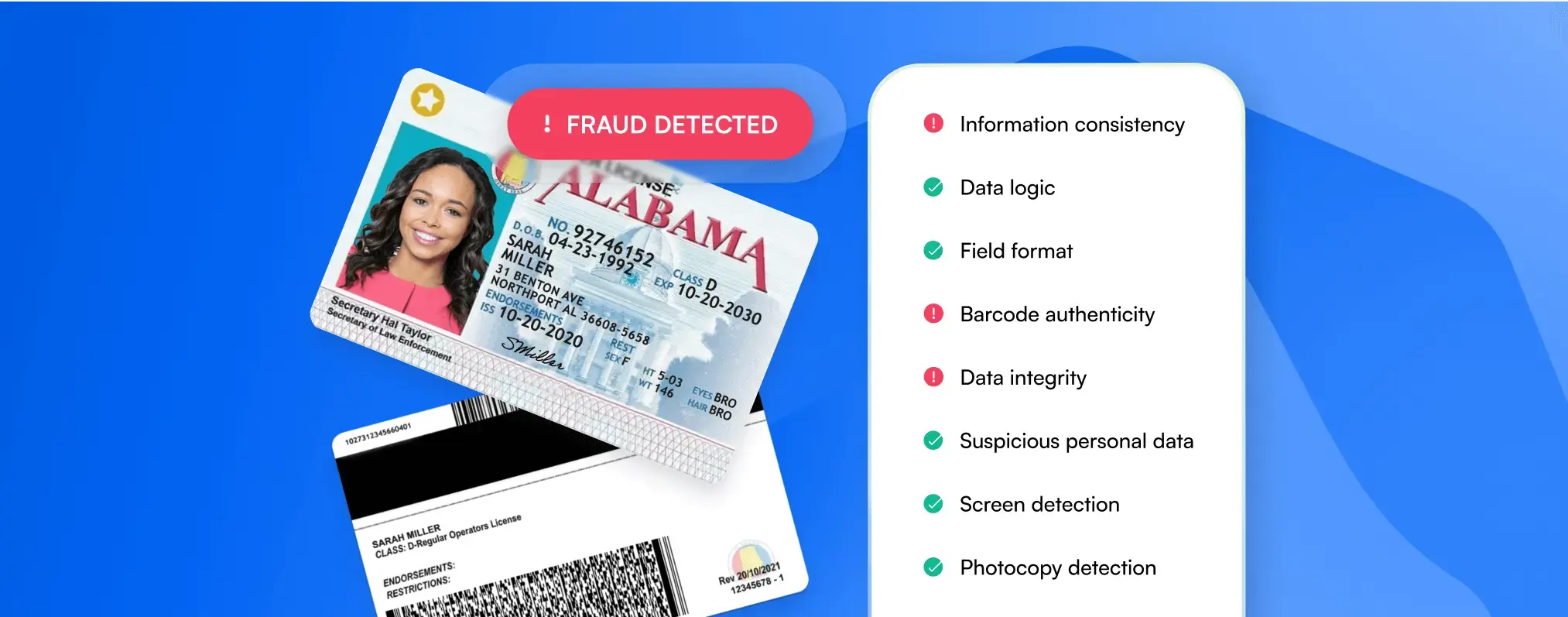 Image showing 'Fraud Detected' message on BlinkID, indicating what was detected.