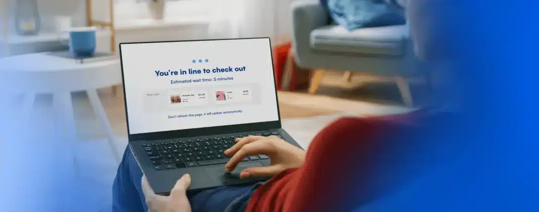 Laptop displaying 'You are in line to check out' message, showcasing Microblink's BlinkCard solution to protect retail businesses from fraud.