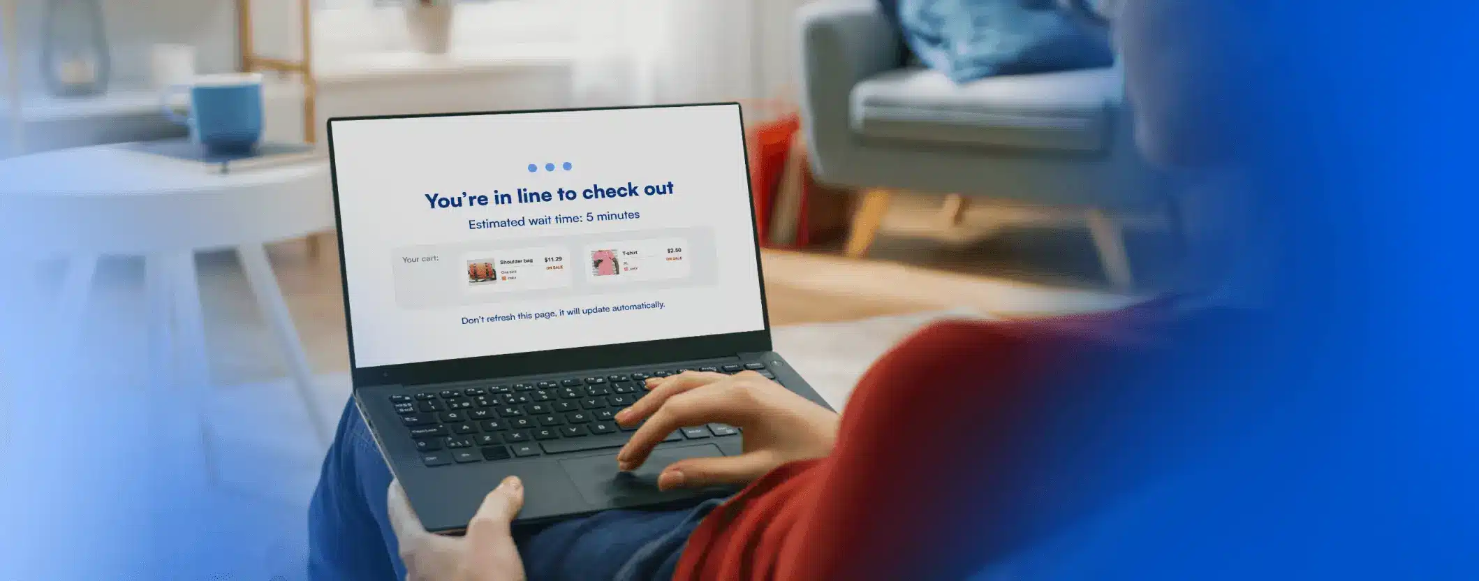 Laptop displaying 'You are in line to check out' message, showcasing Microblink's BlinkCard solution to protect retail businesses from fraud.