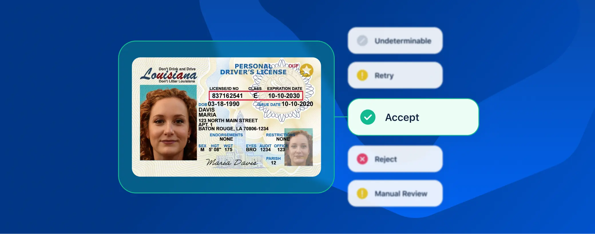 Showing an accepted document based on license ID number.