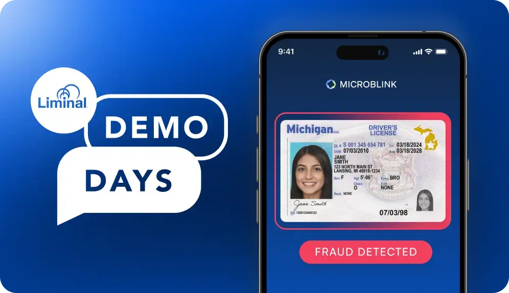 Liminal Demo Days logo and image of mobile phone with ID card scanned
